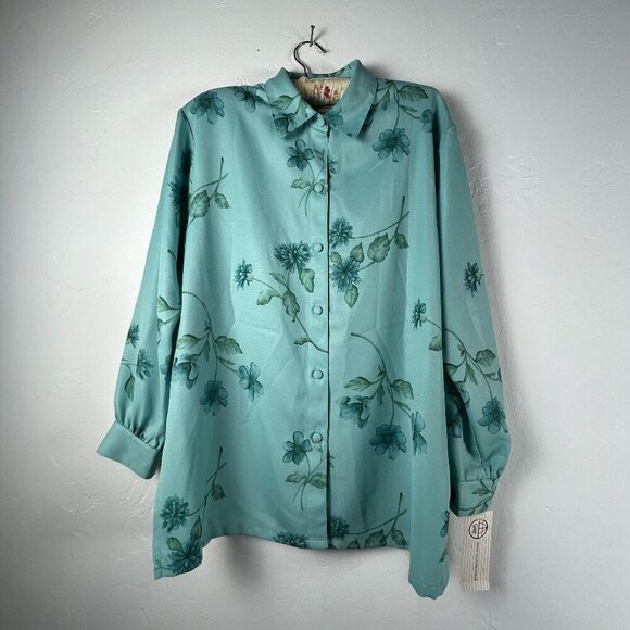 Graff Women Button Up Green Floral Print Long Sleeve Shirt Blouse Medium USA New - Picture 1 of 10